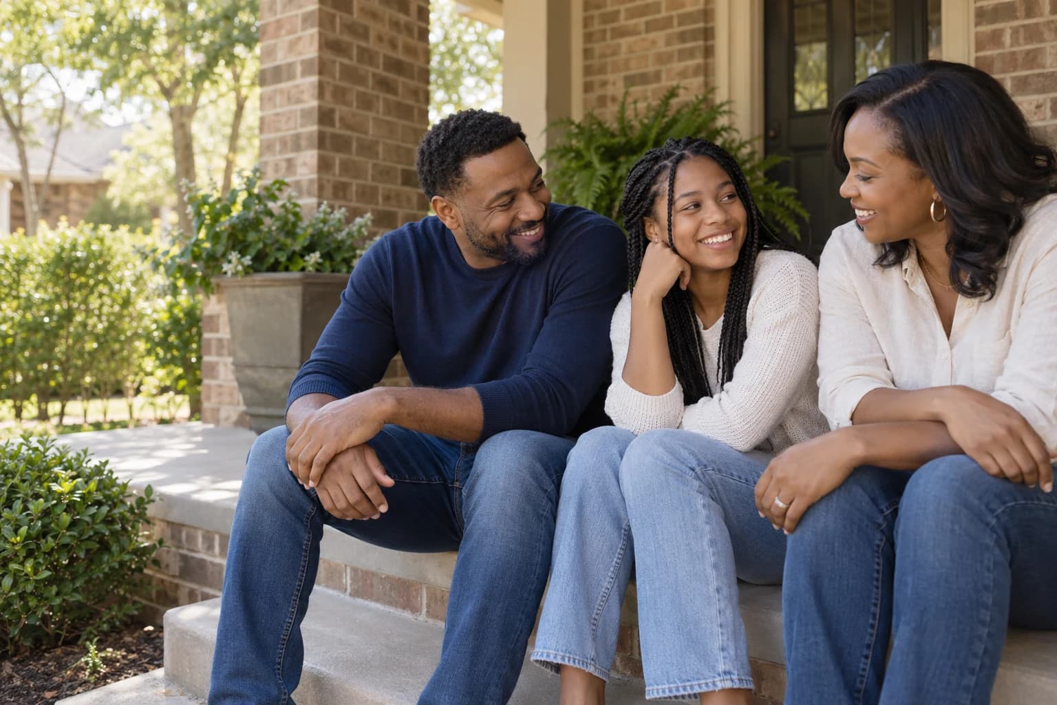 Illustrative family sharing a quiet moment on the front porch of a brick home